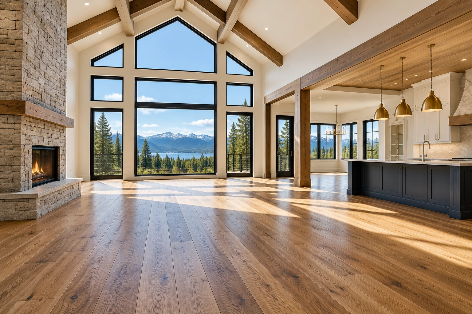 Open great room with new wide-plank wood floors