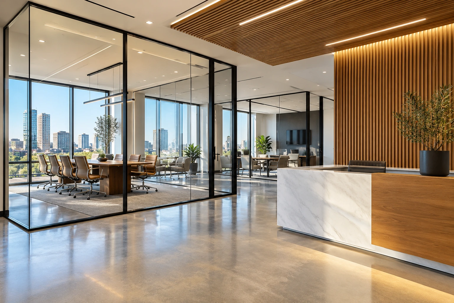 Glass-walled office buildout with polished concrete floors