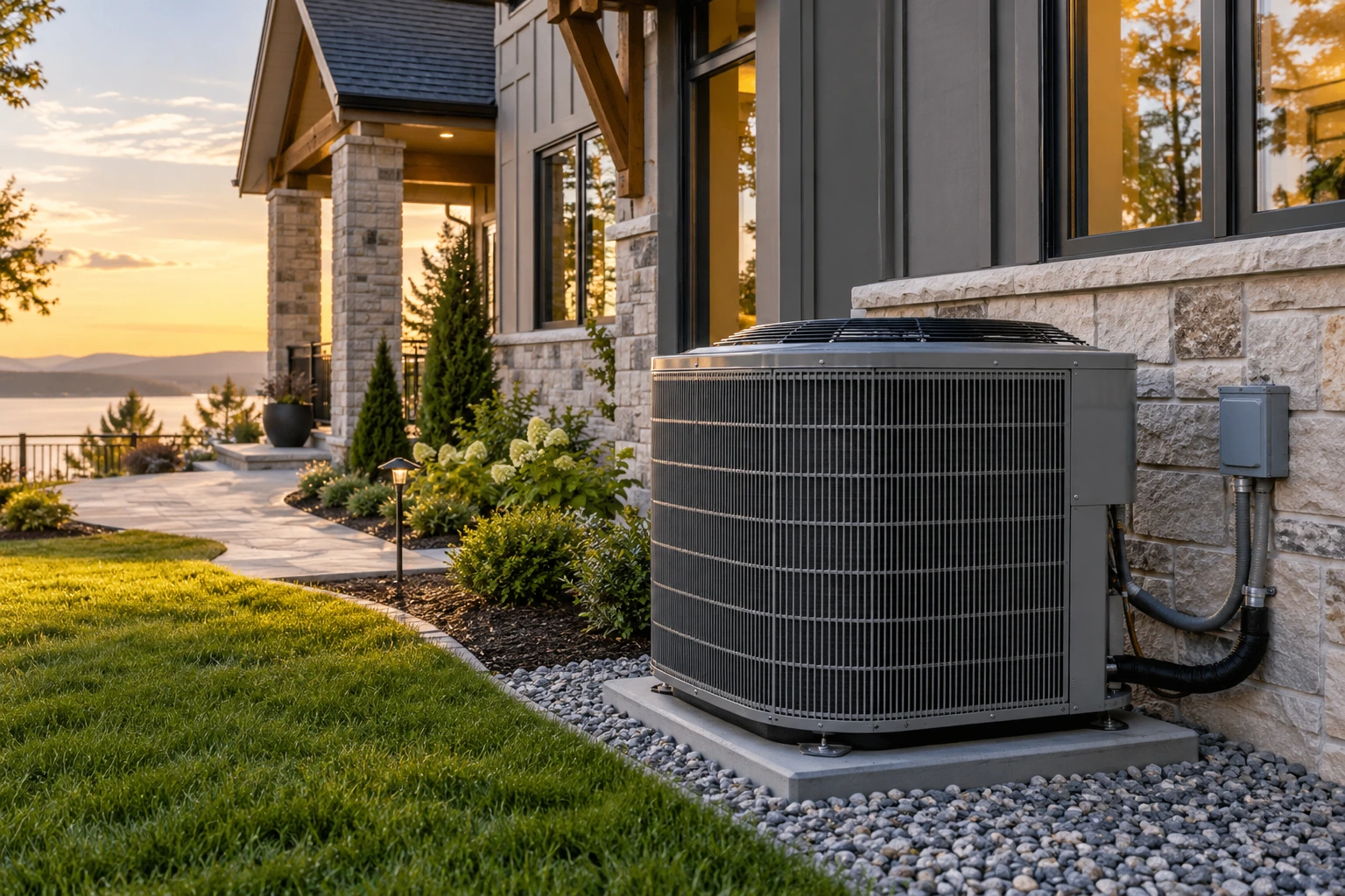 Outdoor air conditioning condenser installed beside a stone home
