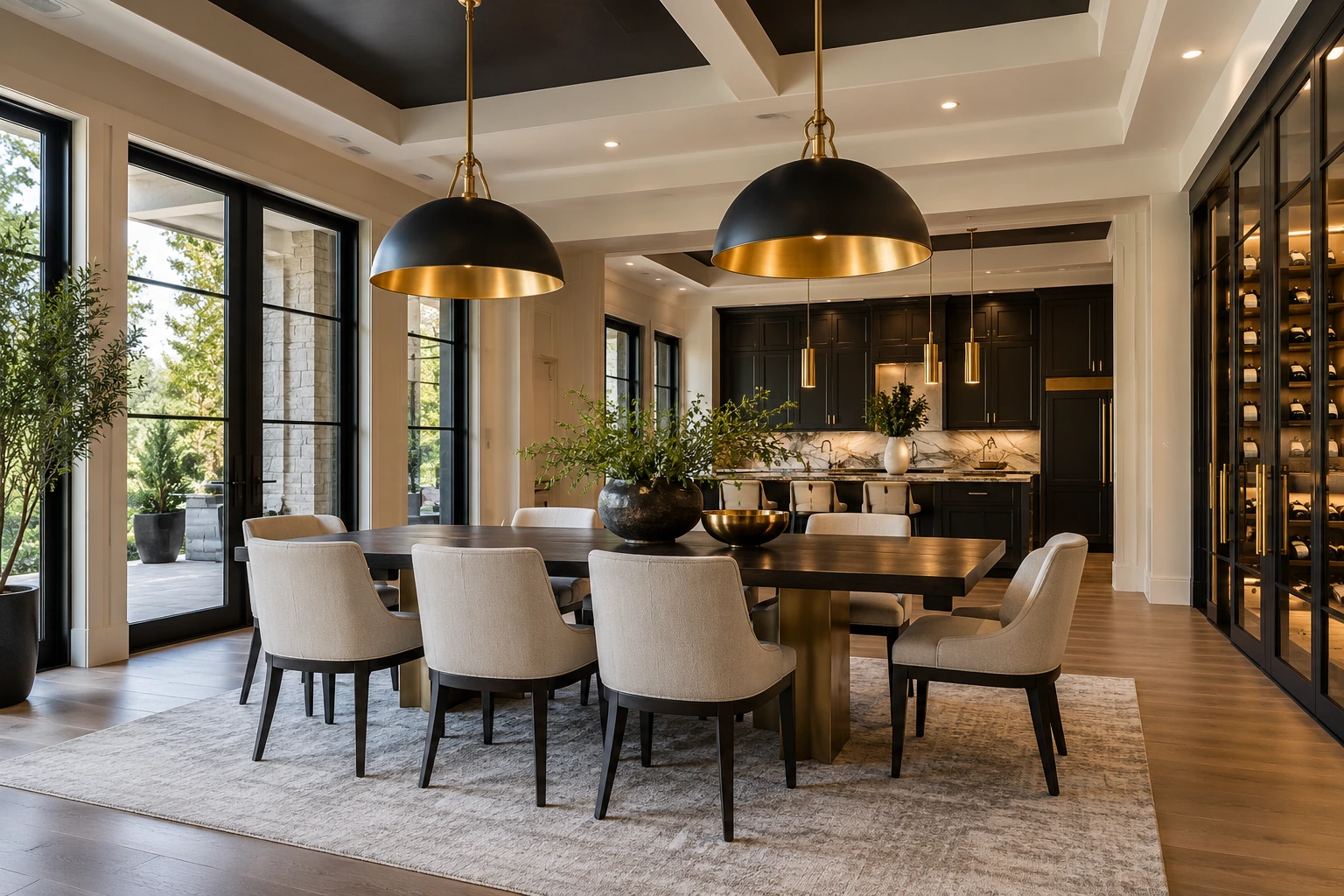 Dining room with new pendant lighting and recessed fixtures