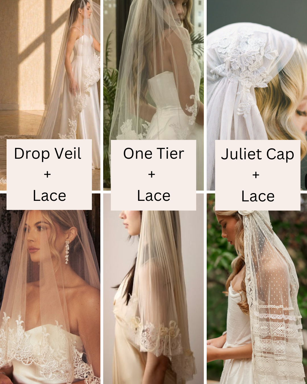 Examples of lace on a drop veil, Juliet cap veil and one tier veil styles