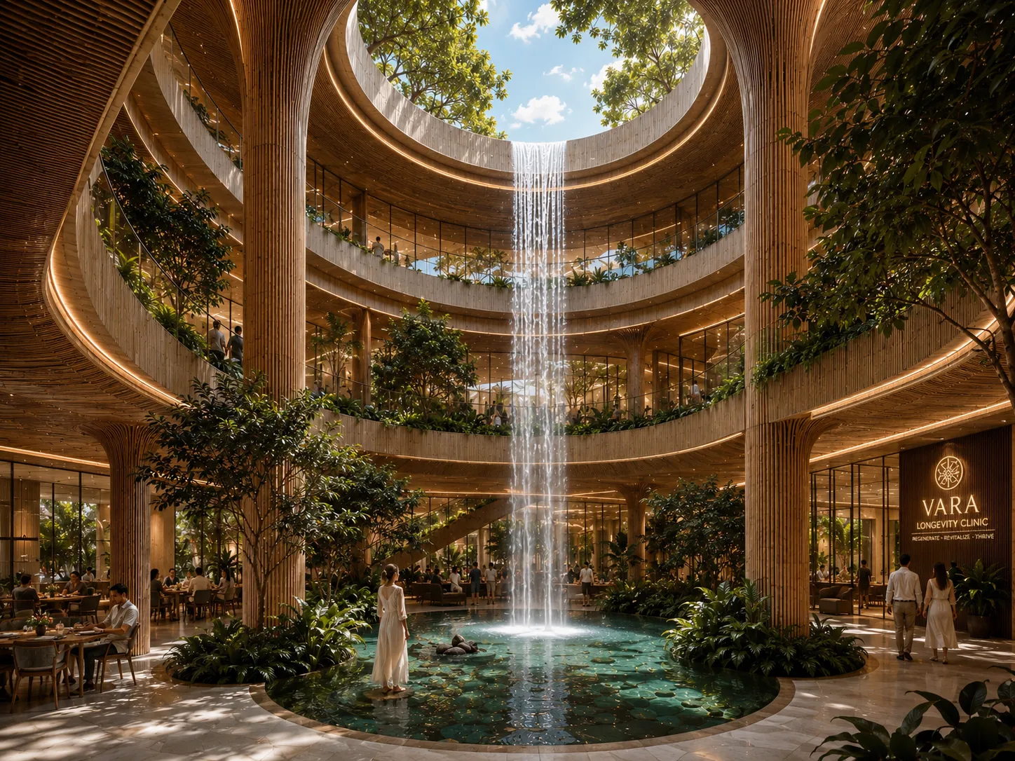 Zentrales Atrium mit Wasserfall
