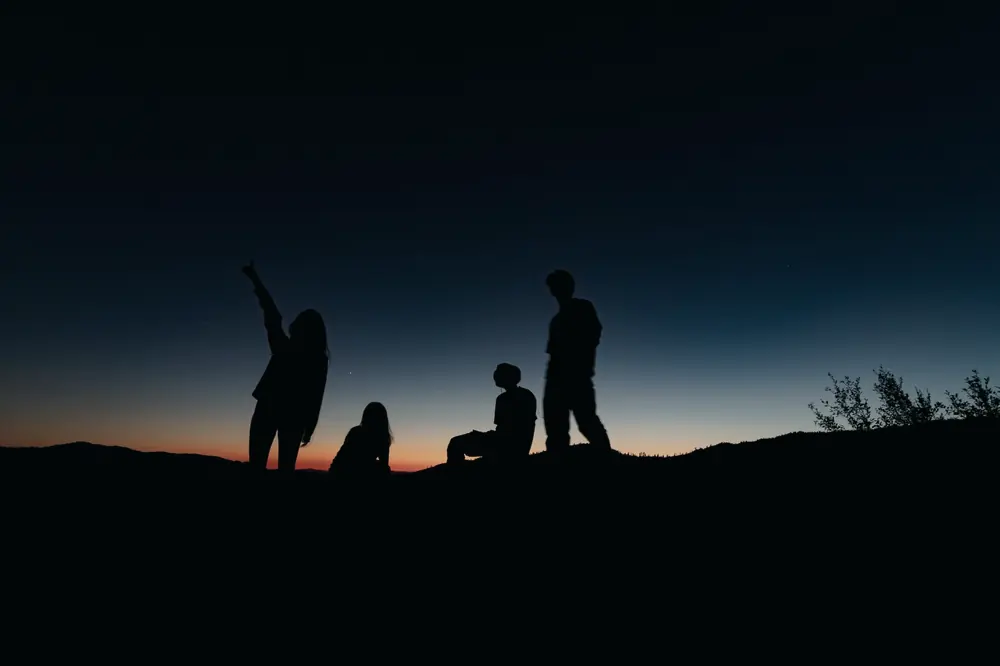 Silhouettes of a group against the evening sky
