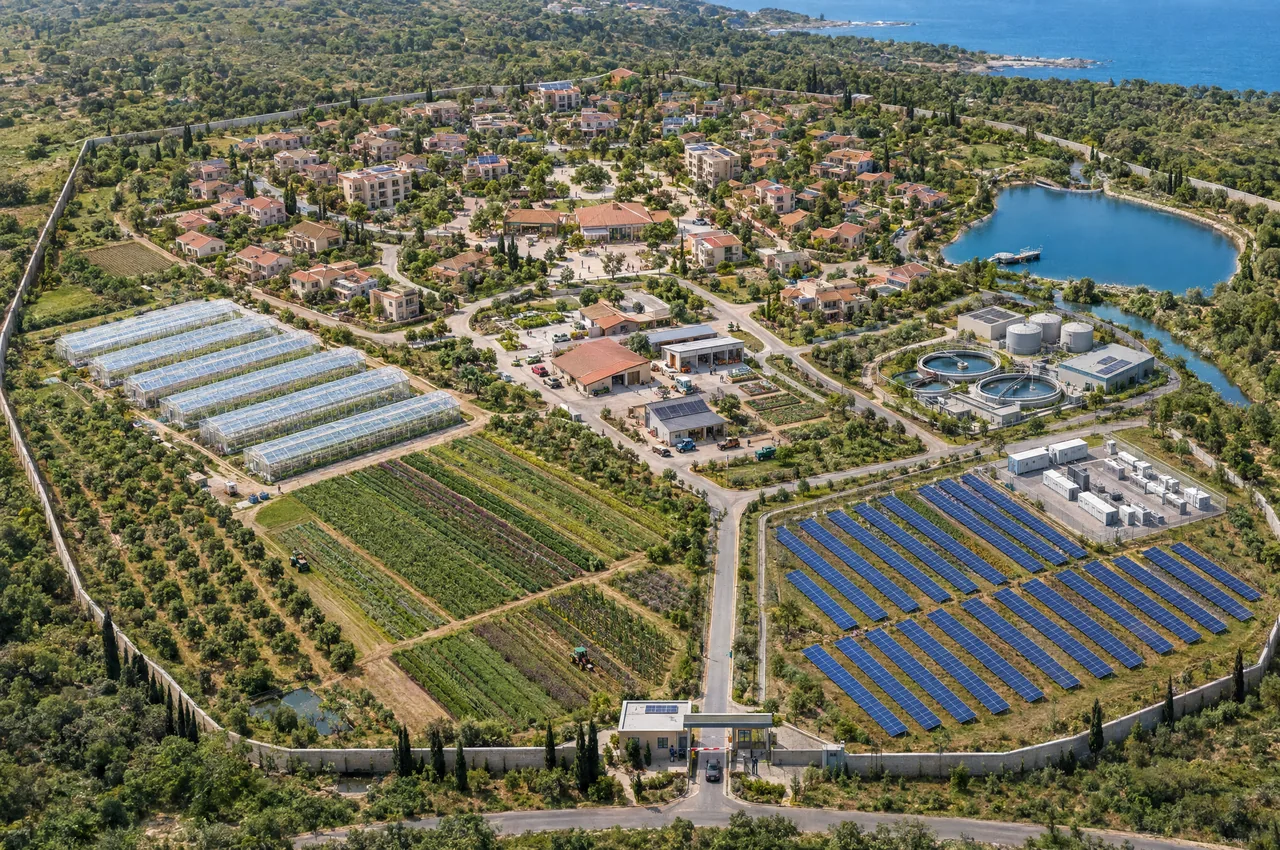 Symbolic image Type A: an Ark with greenhouses, fields, solar array, water storage and residential quarters