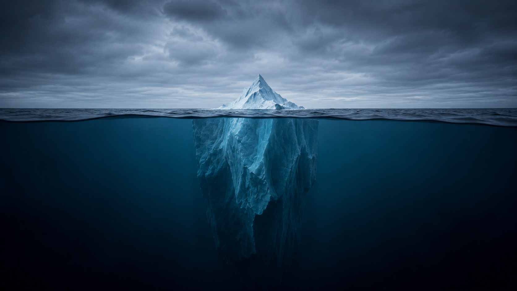 A massive iceberg with a small peak above the waterline and an enormous hidden mass below the surface