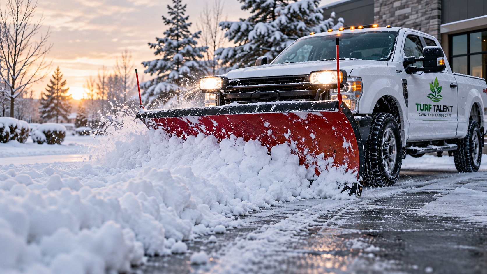 Turf Talent truck plowing snow from a commercial driveway