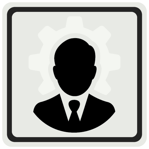 Icono de una persona delante de unos engranajes para representar los valores que nos mueven en el Acelerador de Coaching.