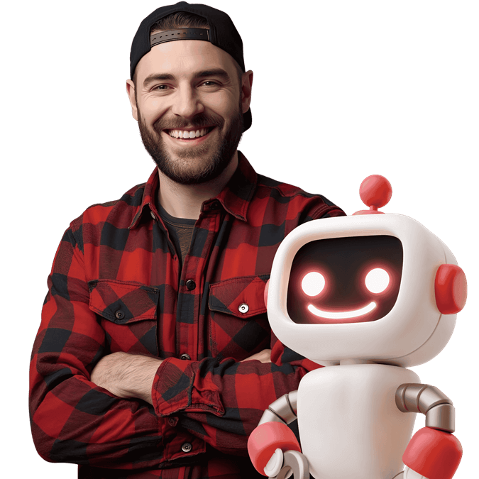 Smiling roofer in red flannel shirt standing with friendly AI robot assistant.