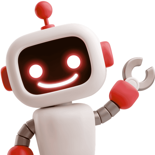 Friendly smiling AI robot waving with mechanical hand.