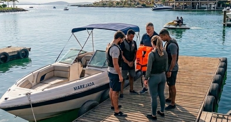 Jet ski no mar com aluno e professor