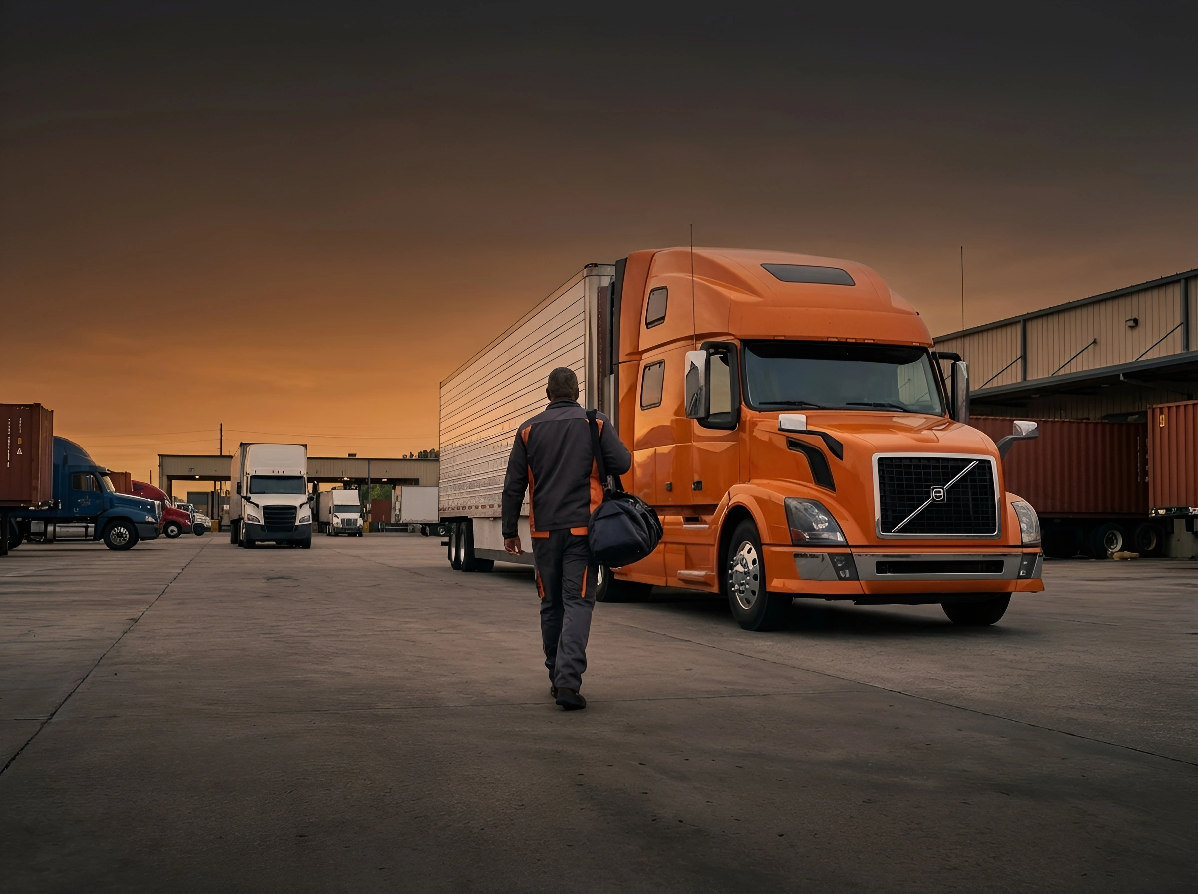truck driver walking to orange semi truck with bag