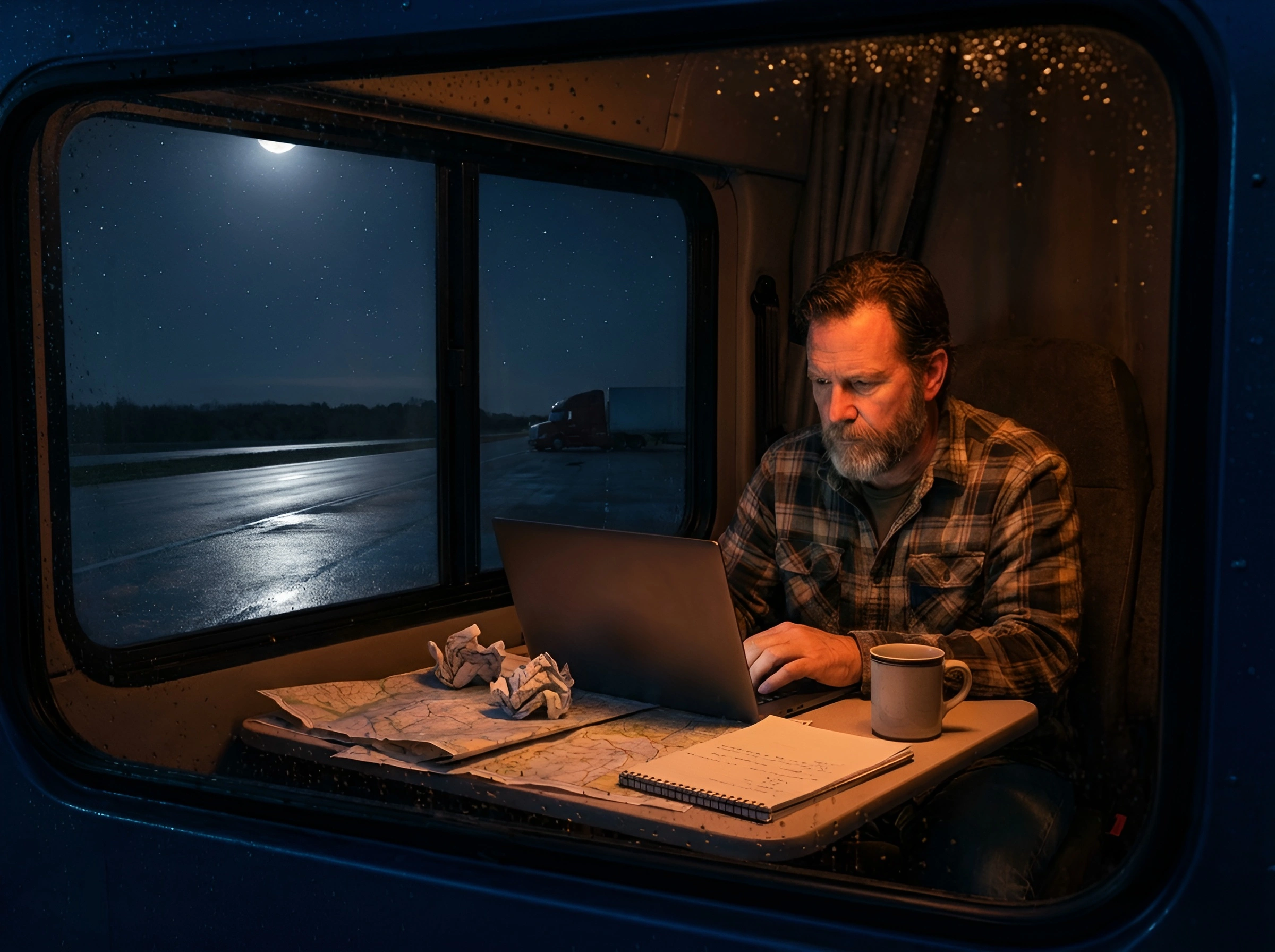 trucker doing research on laptop in truck cab at night