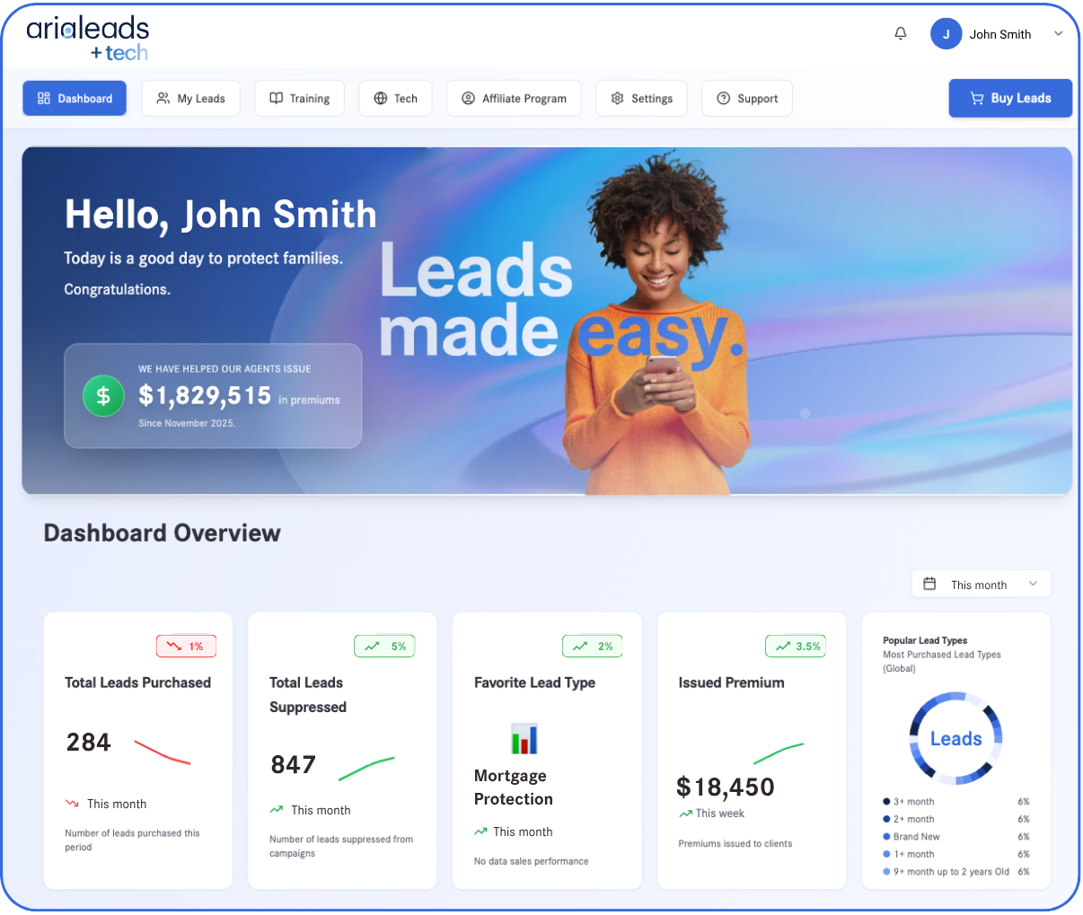 Aria Leads platform dashboard