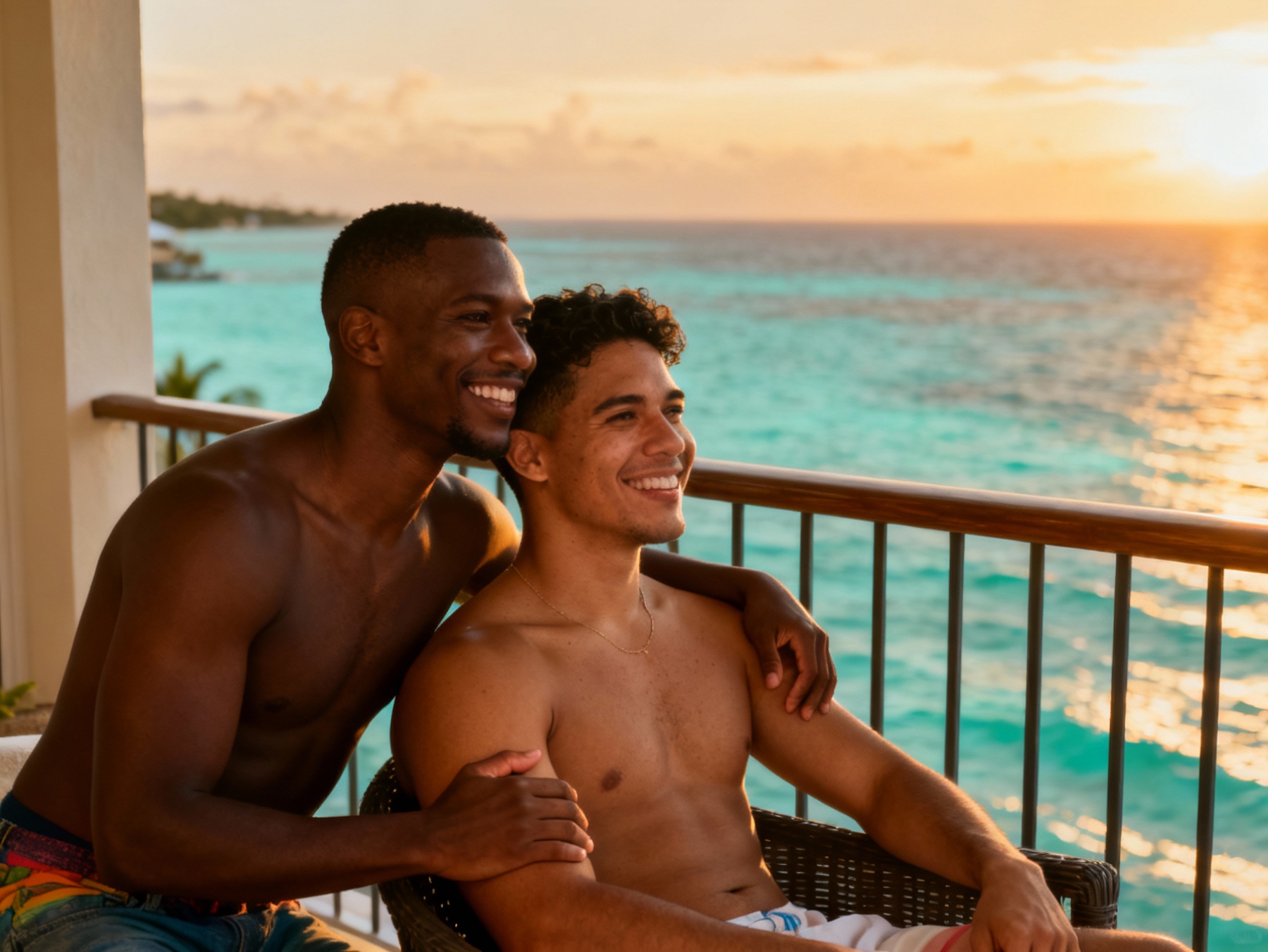 shirtless interracial gay male couple wrapped in each others arms smile with the ocean in the back ground