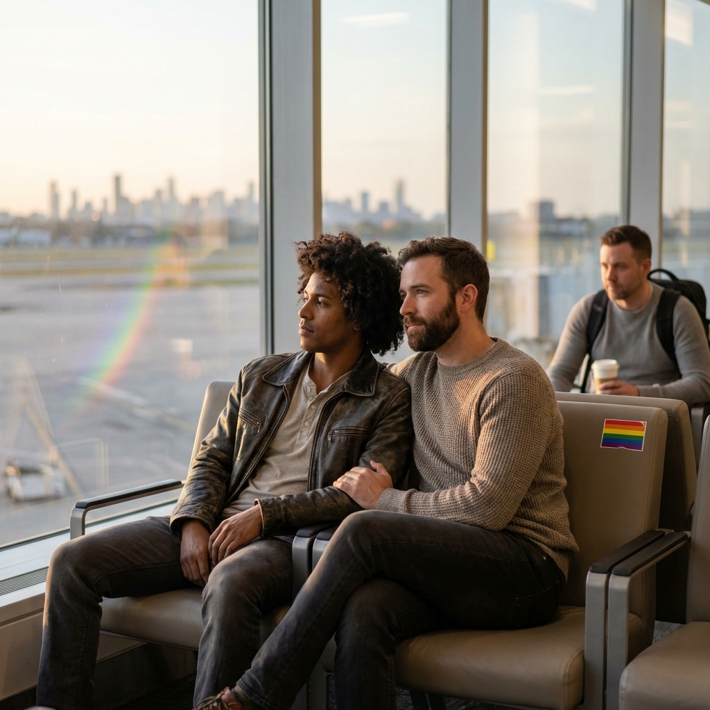 Interracial gay male couple sitting in an airport.  