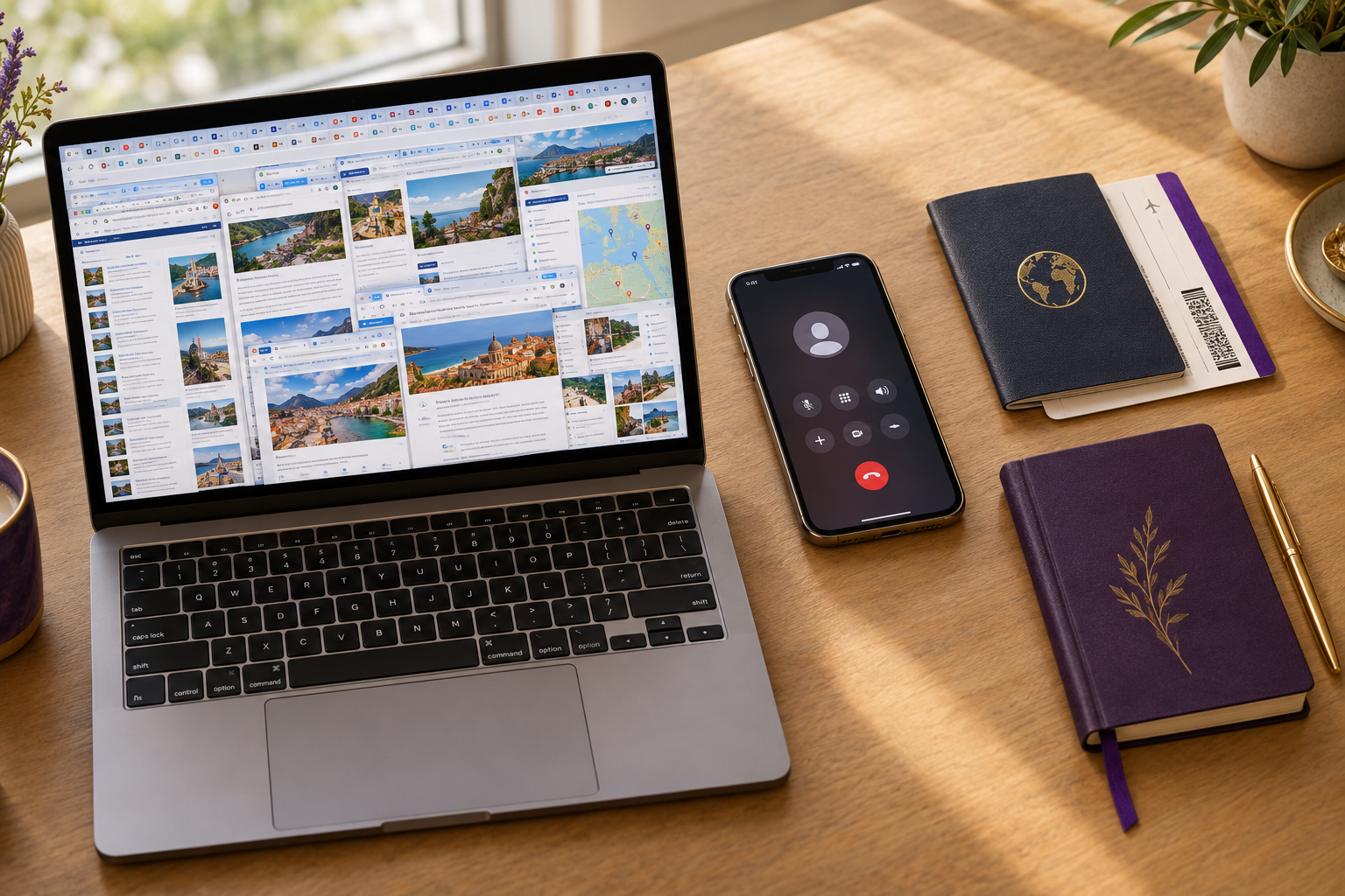 Overhead view of a wooden desk featuring an open laptop with multiple browser tabs showing coastal travel photos and maps. Next to the laptop is a smartphone on an active call screen, a navy blue passport with a gold globe emblem, a boarding pass, a dark purple notebook with a gold leaf design, and a gold pen.