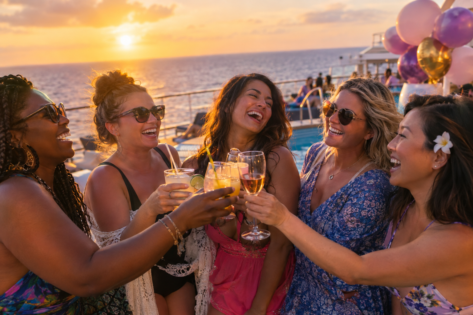 Five diverse women smiling and toasting with cocktails and wine glasses on an open cruise ship deck. Bright pink and purple balloons sit in the background alongside an open pool area, with a golden sunset glowing over the ocean behind them. Five diverse women smiling and toasting with cocktails and wine glasses on an open cruise ship deck. Bright pink and purple balloons sit in the background alongside an open pool area, with a golden sunset glowing over the ocean behind them.
