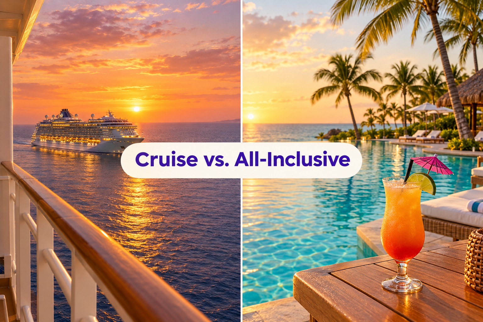 Split image comparing a cruise ship balcony view and an all-inclusive resort beachfront pool. Split image comparing a cruise ship balcony view and an all-inclusive resort beachfront pool.