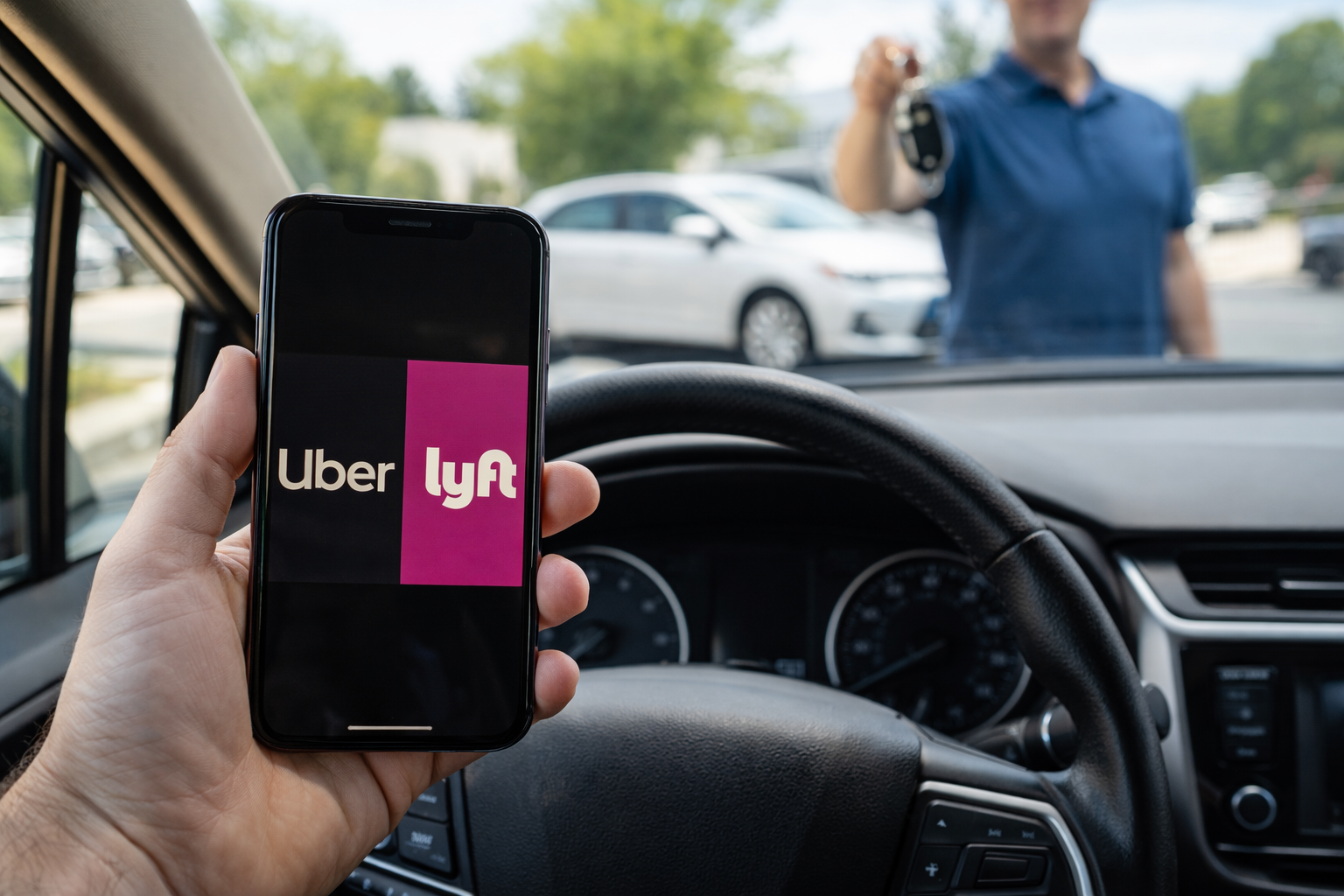 Smartphone displaying Uber and Lyft logos inside a car, with a driver holding car keys in front of a rental vehicle,