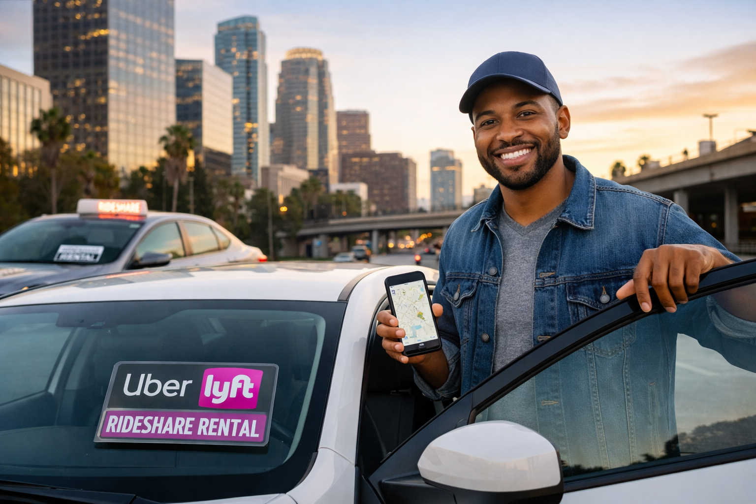 Smiling rideshare driver standing next to a white rental car with Uber and Lyft rideshare rental sign, holding a smartphone with navigation app, modern city skyline in the background, representing rideshare car rental services for drivers.