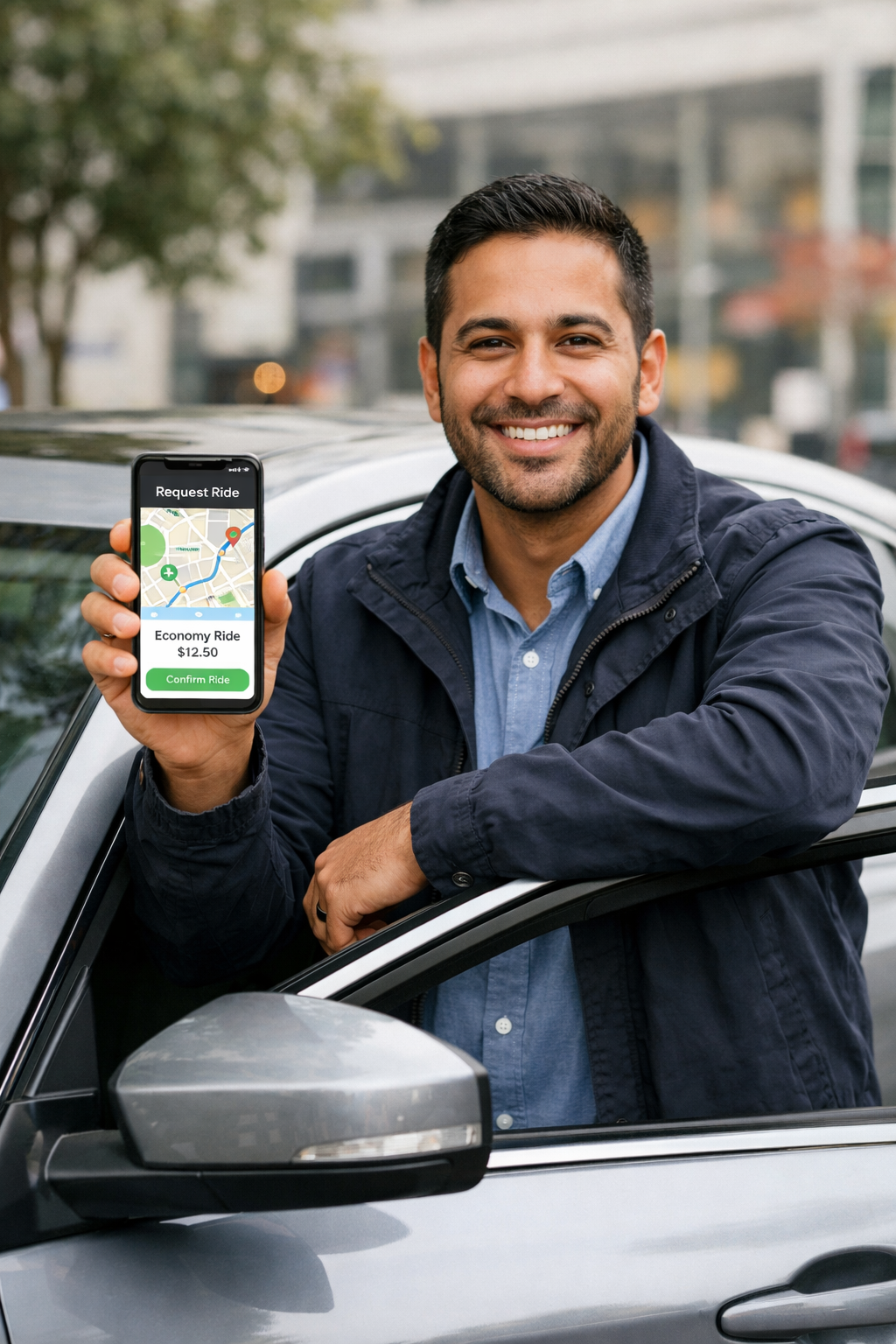 Happy rideshare driver using Evolution Rides 4000 rental vehicle in Georgia for Uber and Lyft driving