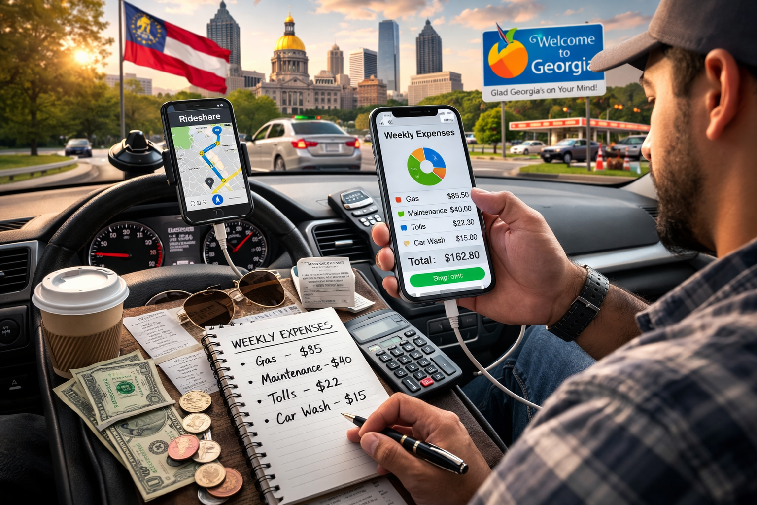 Rideshare driver tracking weekly expenses using smartphone in Georgia.
