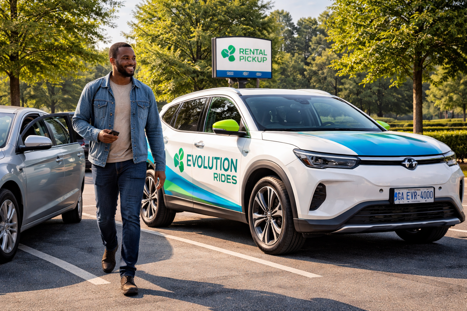 Rideshare driver switching from personal car to Evolution Rides 4000 rental vehicle in Georgia.