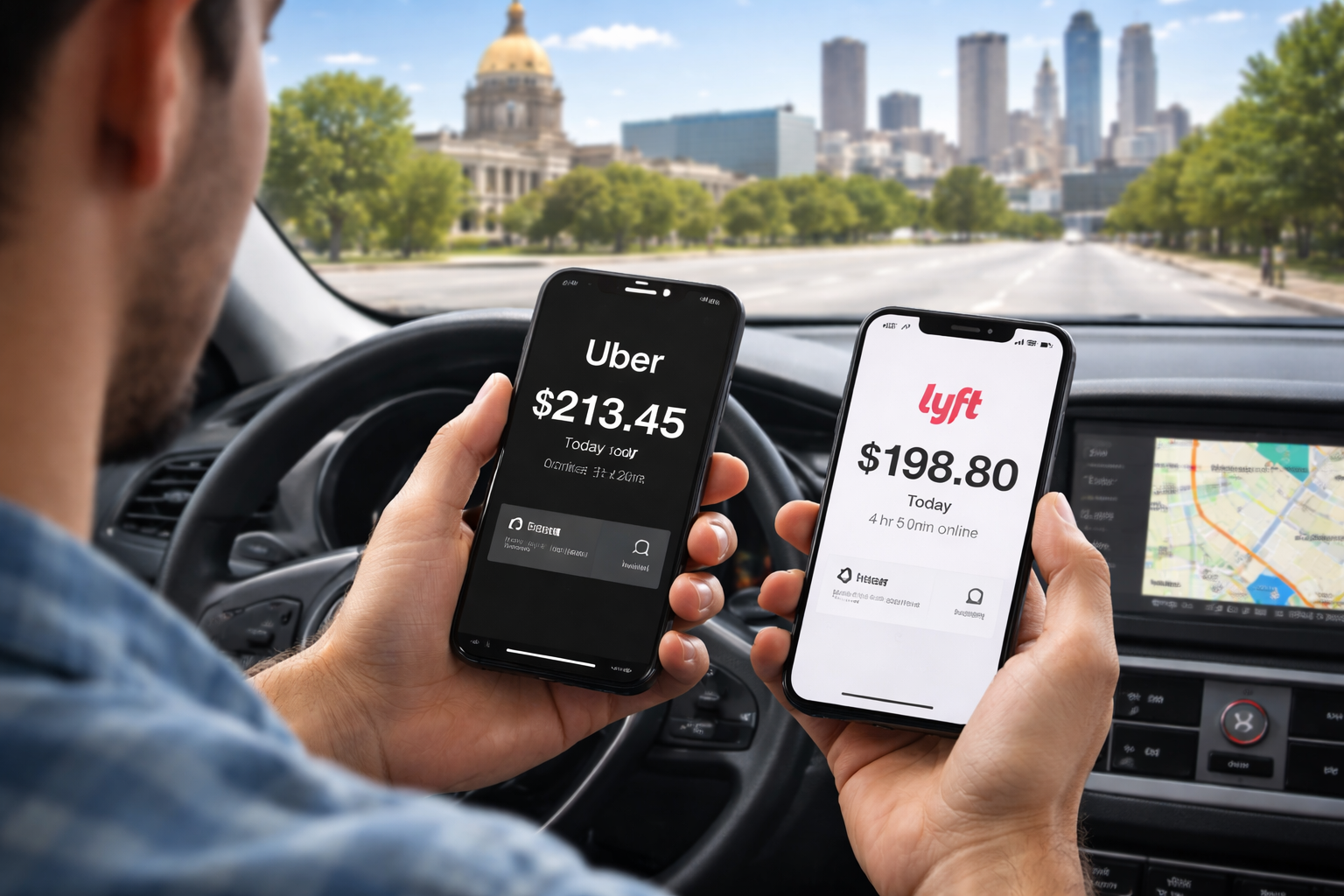 Rideshare driver comparing Uber and Lyft earnings in Georgia using smartphone apps. Rideshare driver comparing Uber and Lyft earnings in Georgia using smartphone apps.