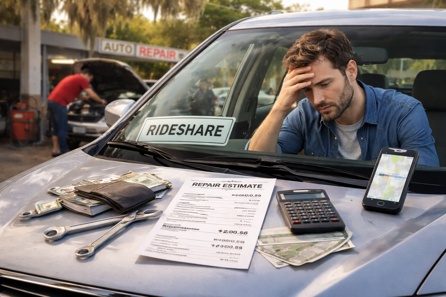 Rideshare driver stressed about car repair costs while using personal vehicle in Georgia Rideshare driver stressed about car repair costs while using personal vehicle in Georgia