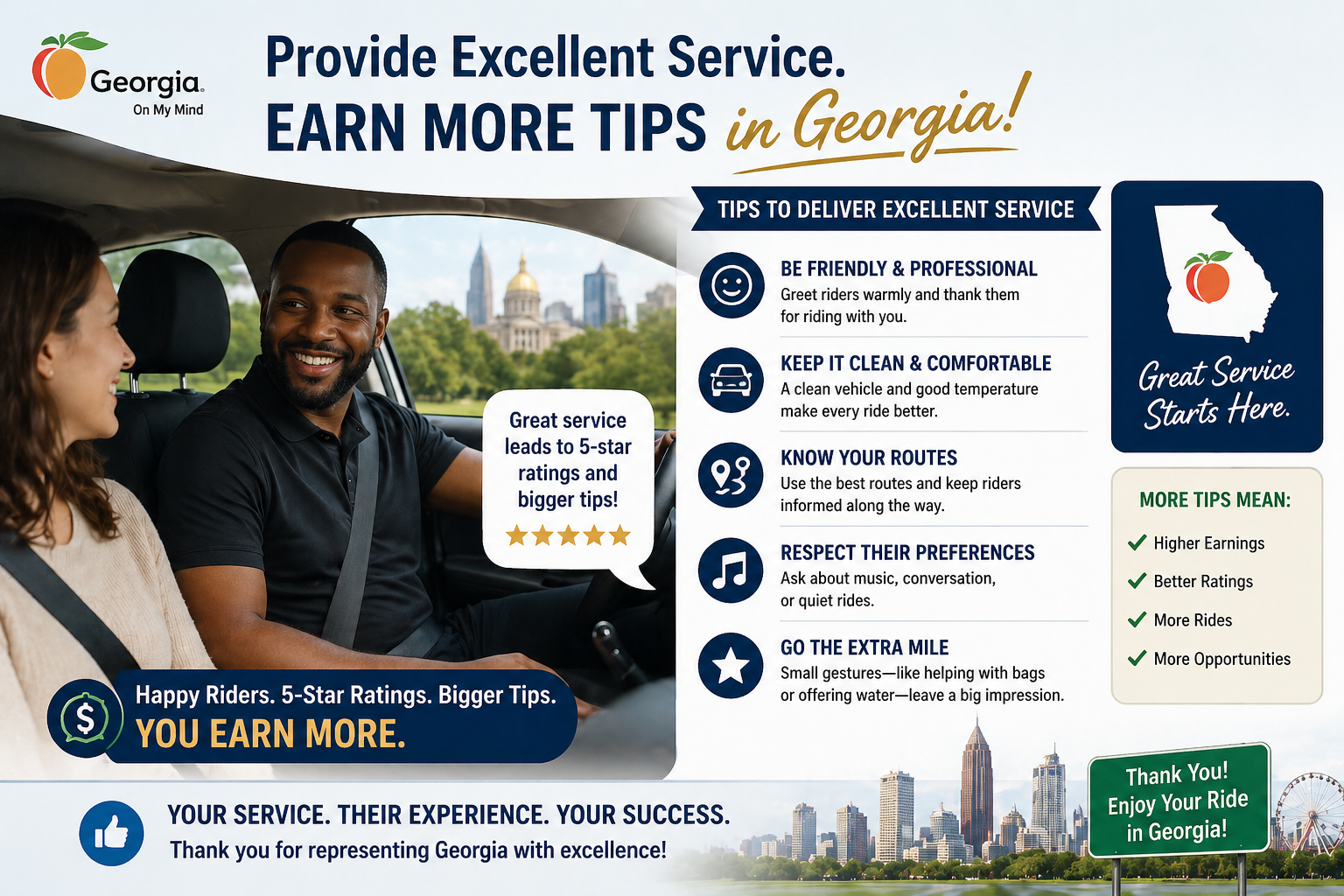 Rideshare driver providing excellent service to earn more tips in Georgia Rideshare driver providing excellent service to earn more tips in Georgia