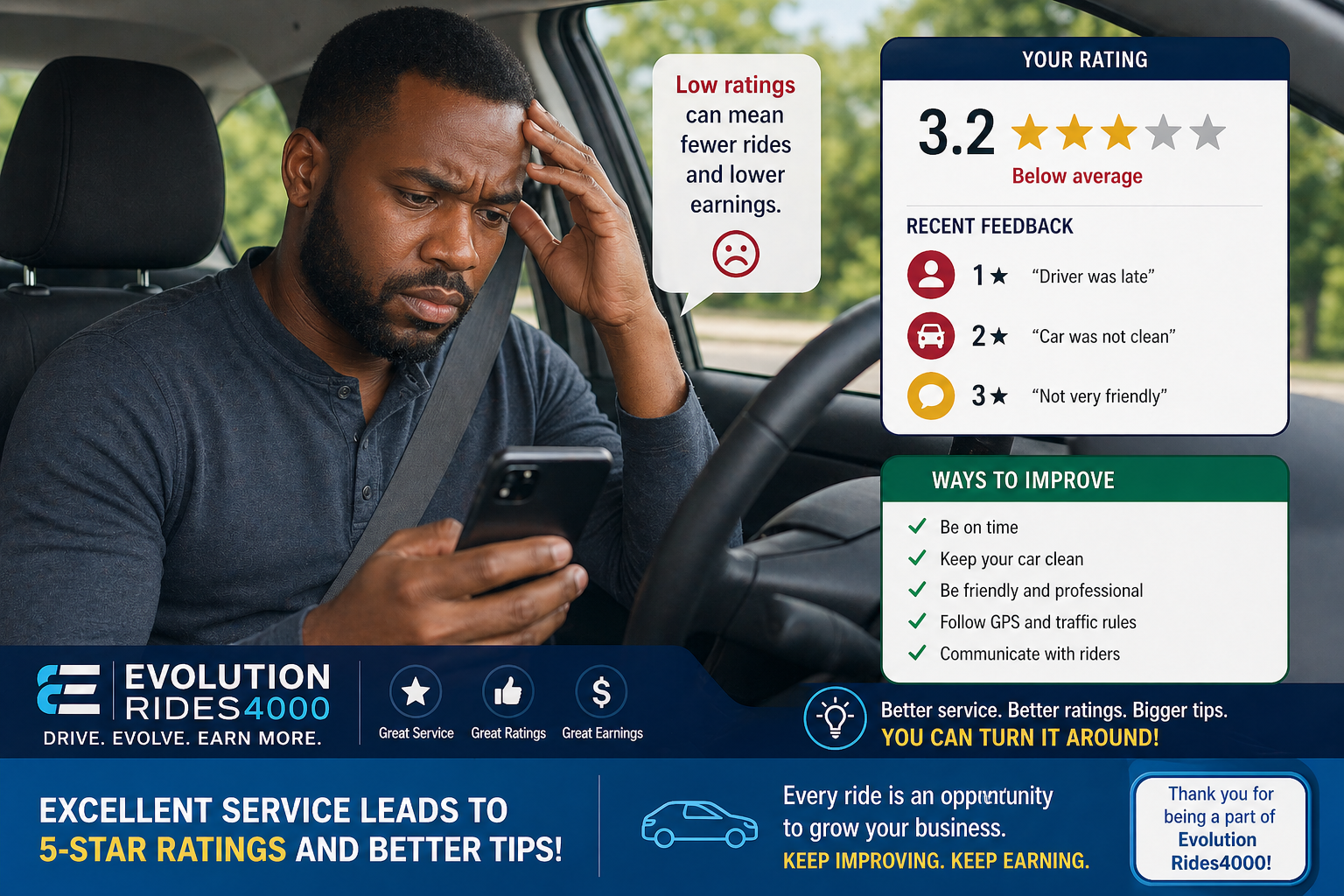 Rideshare driver checking low rating on smartphone app.