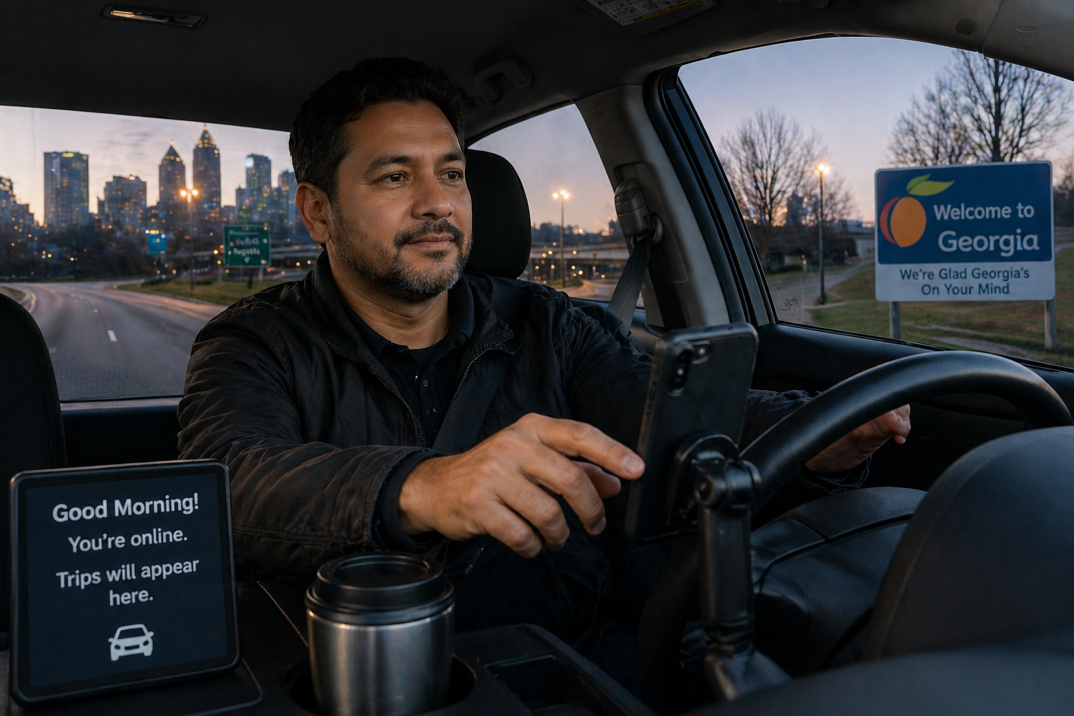 Rideshare driver waiting for ride request in busy city area.