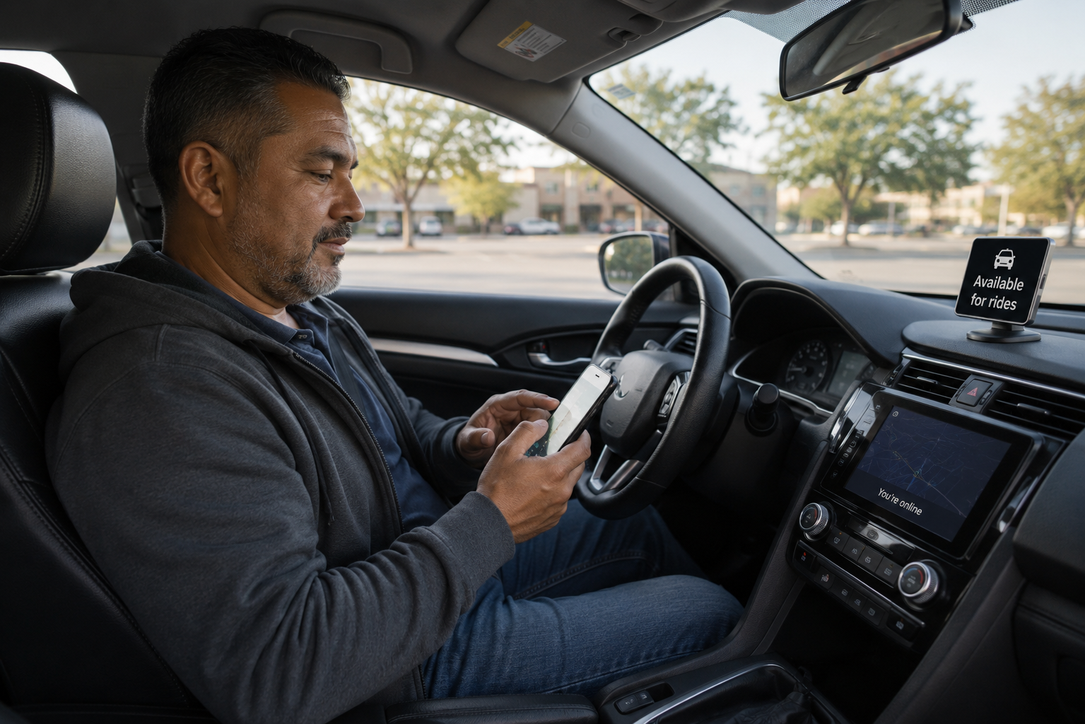 Rideshare driver using smartphone apps while waiting for ride requests.