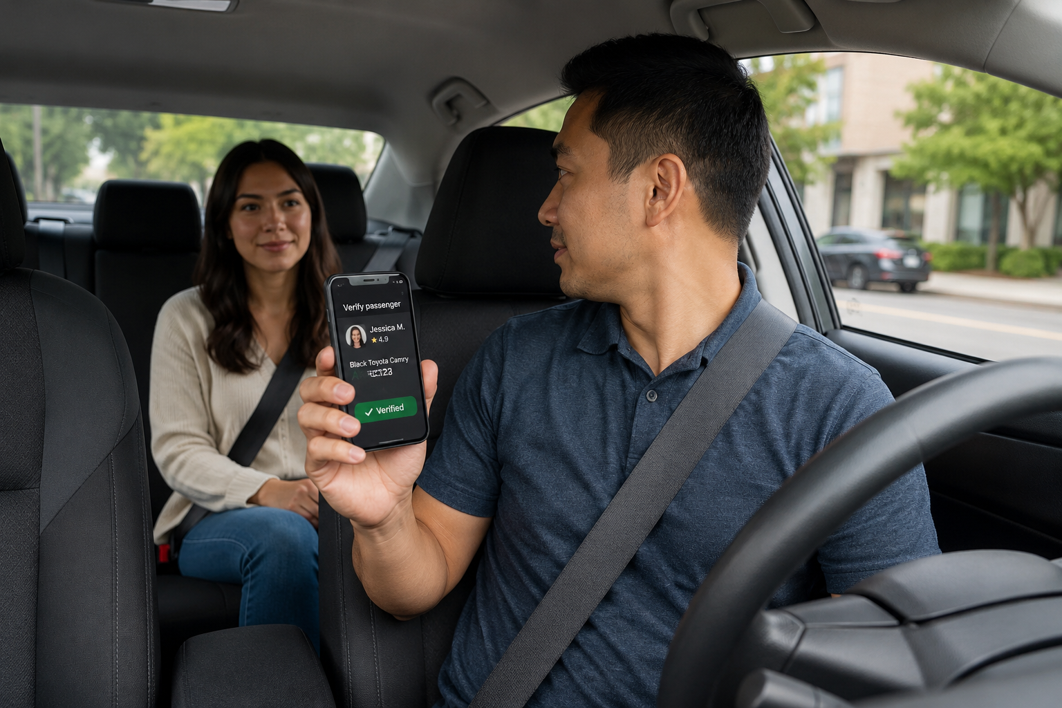 Rideshare driver verifying passenger before starting trip.