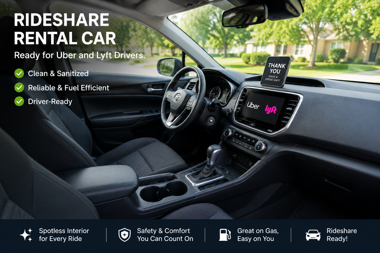 Rideshare rental car ready for Uber and Lyft drivers. Rideshare rental car ready for Uber and Lyft drivers.