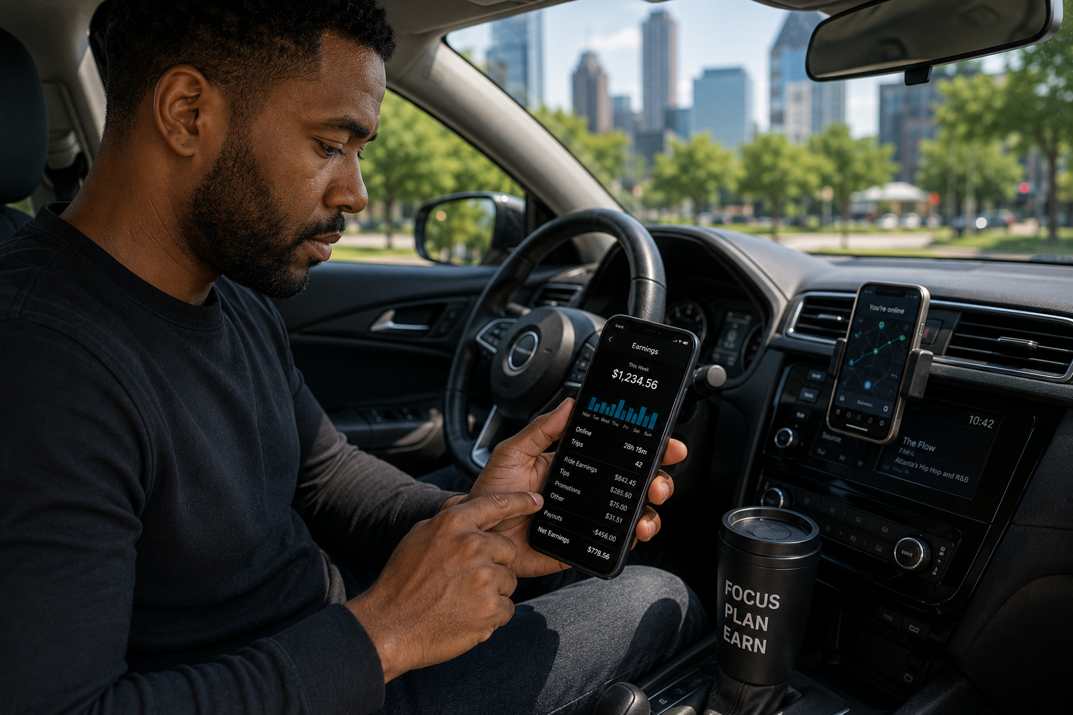 Rideshare driver checking earnings breakdown. Rideshare driver checking earnings breakdown.