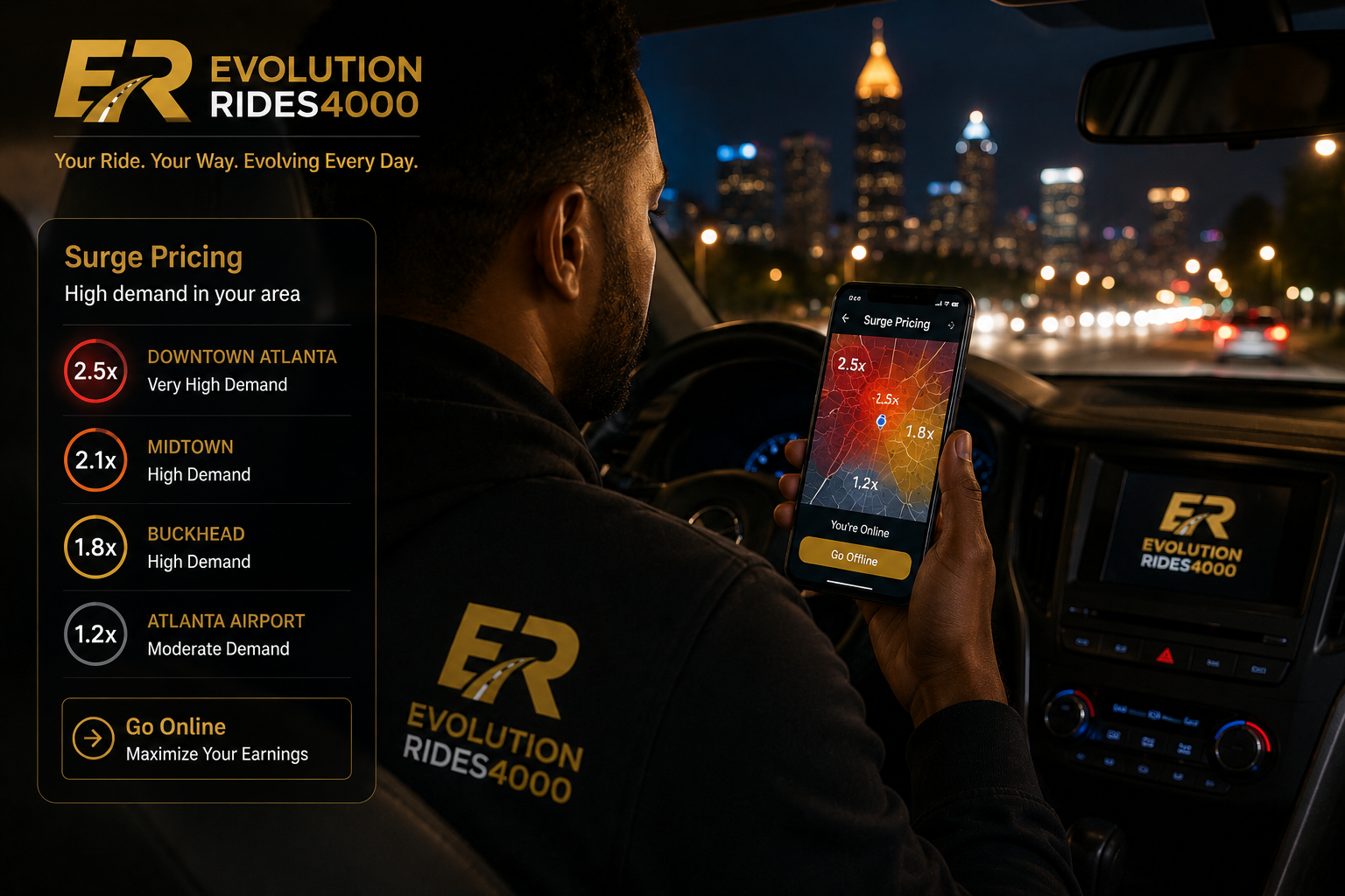 Rideshare driver viewing surge pricing map