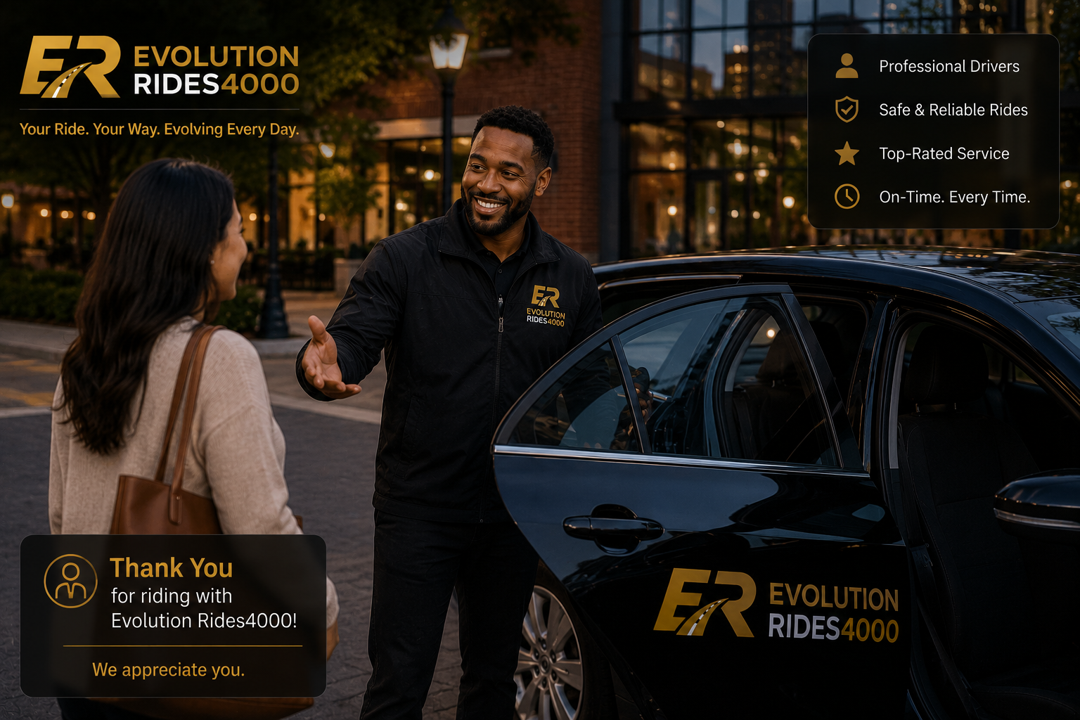 Rideshare driver greeting passenger professionally