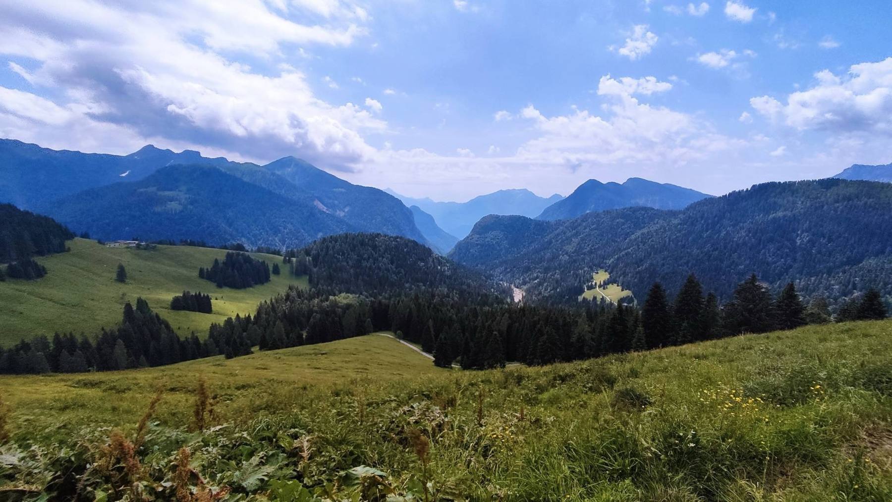 Die Weiden der Malga Gerona mit Blick auf die Täler Karniens