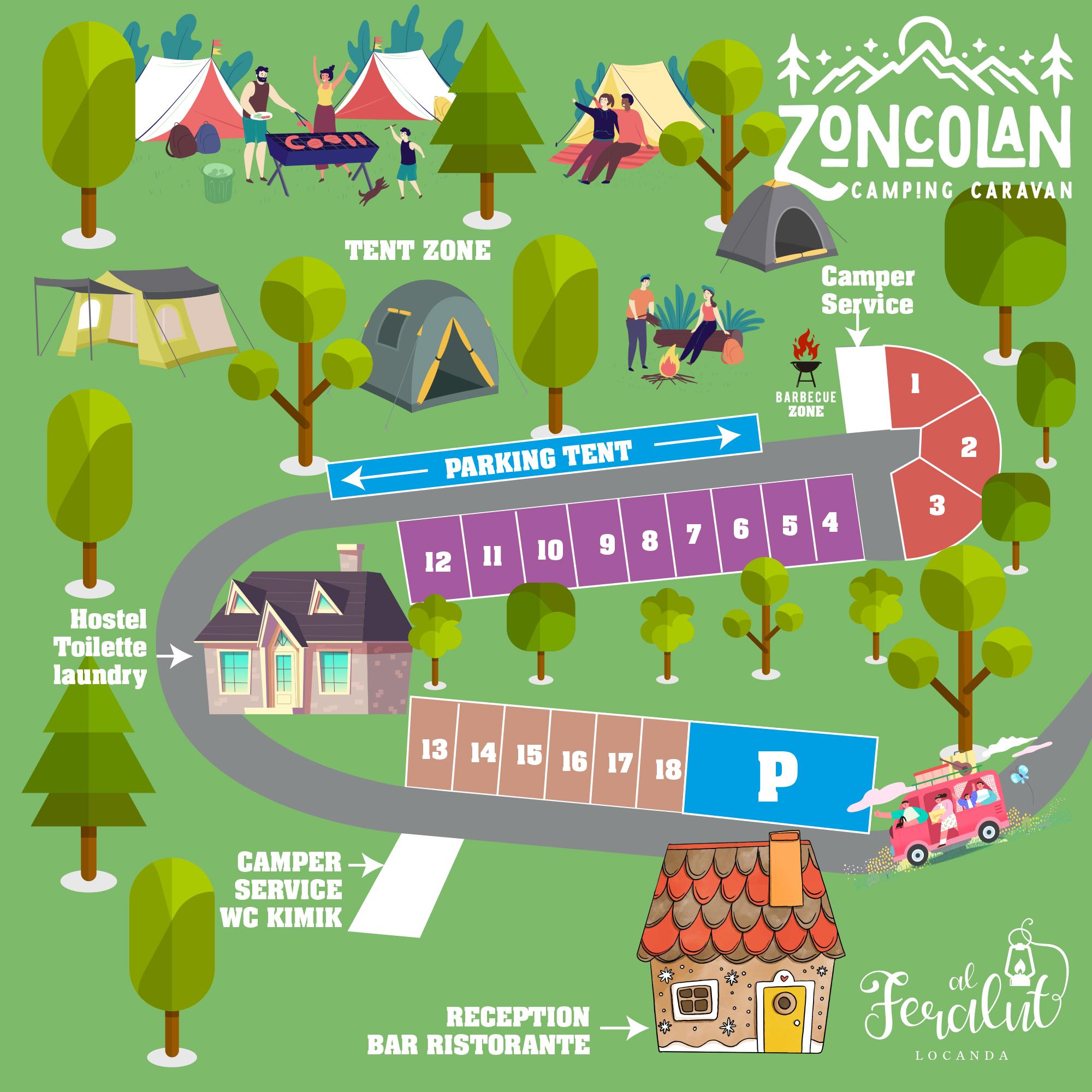 De geïllustreerde plattegrond van de camping met het tentenveld, de genummerde staanplaatsen, de parkeerplaats, het sanitair, de receptie en het barrestaurant