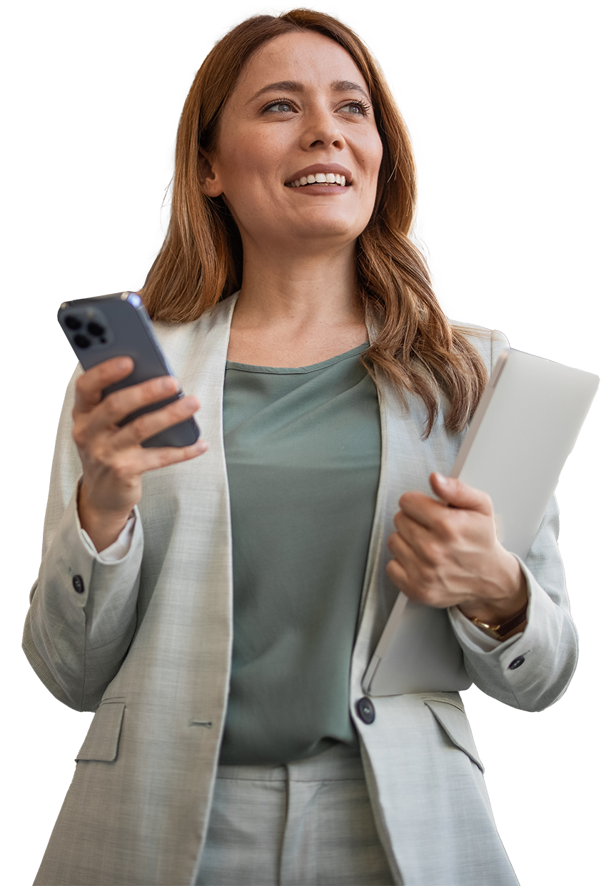 Female dentist holding phone and tablet, representing dental marketing and digital video content to attract new patients