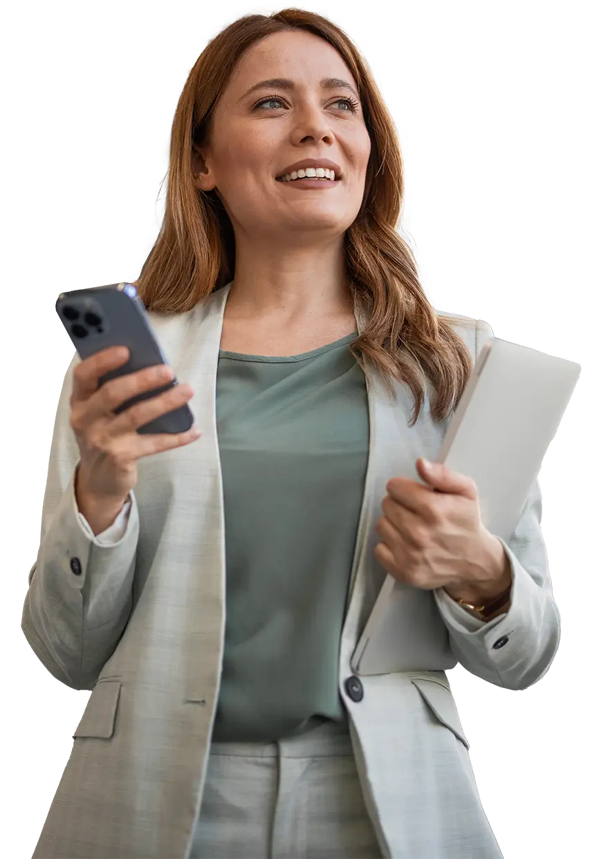 Female dentist holding phone and tablet, representing dental marketing and digital video content to attract new patients
