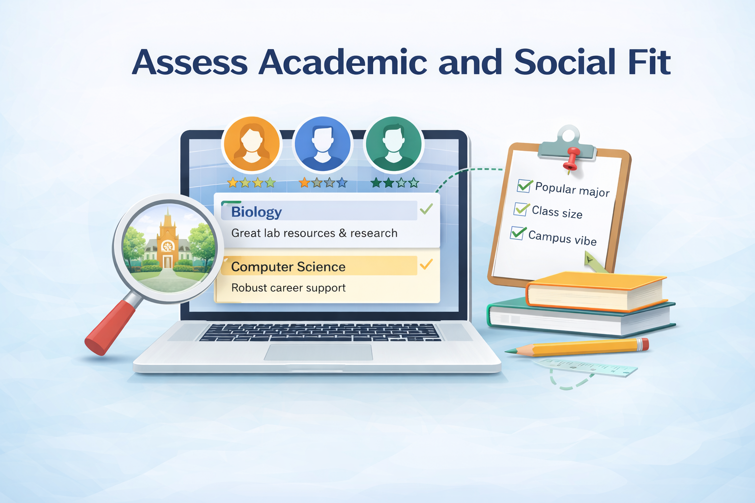 Graphic showing how to evaluate academic and social fit by comparing majors, class size, and campus vibe.