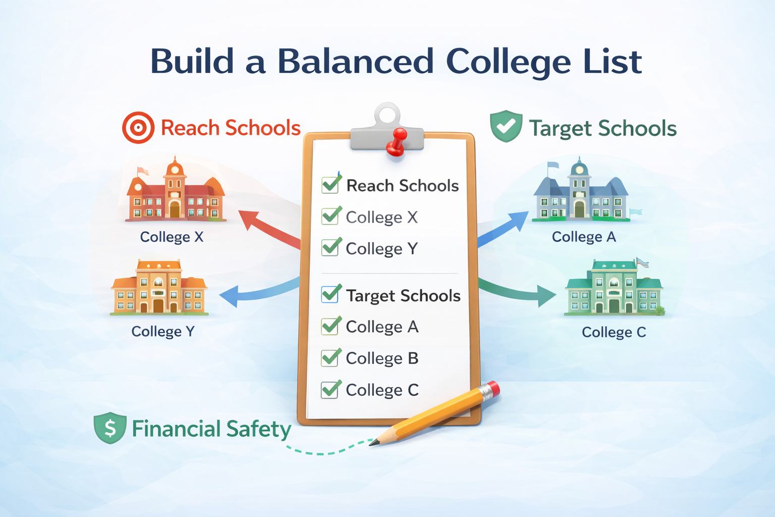 Graphic showing a balanced college list with reach schools, target schools, and financial safety schools.