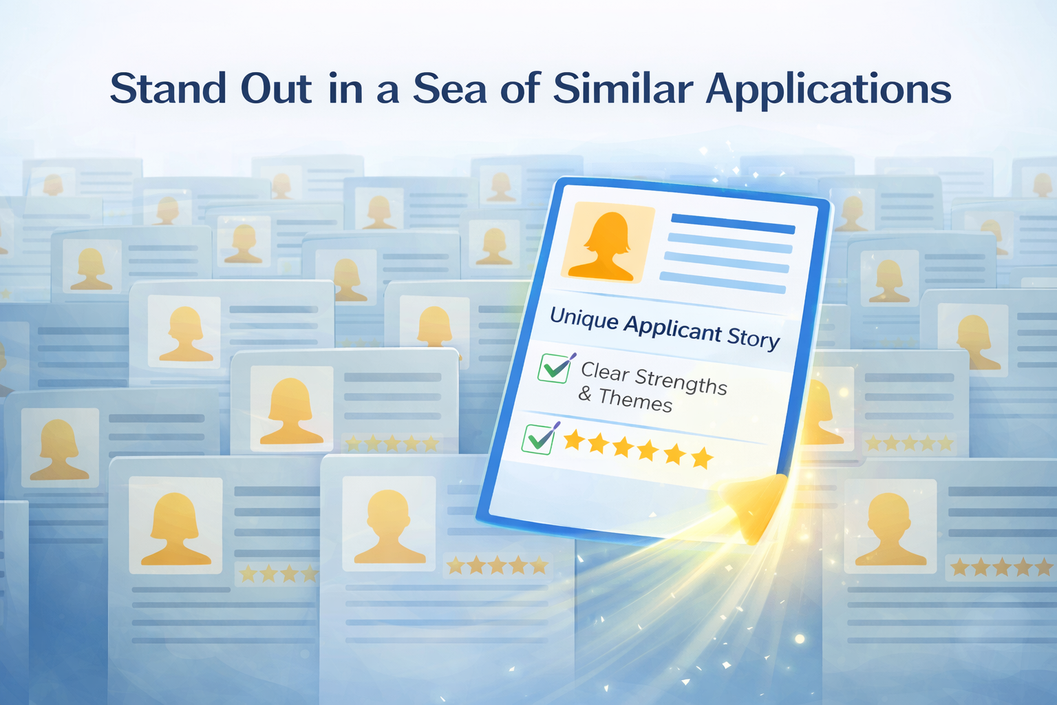 Graphic showing one standout college application rising above many similar applications.