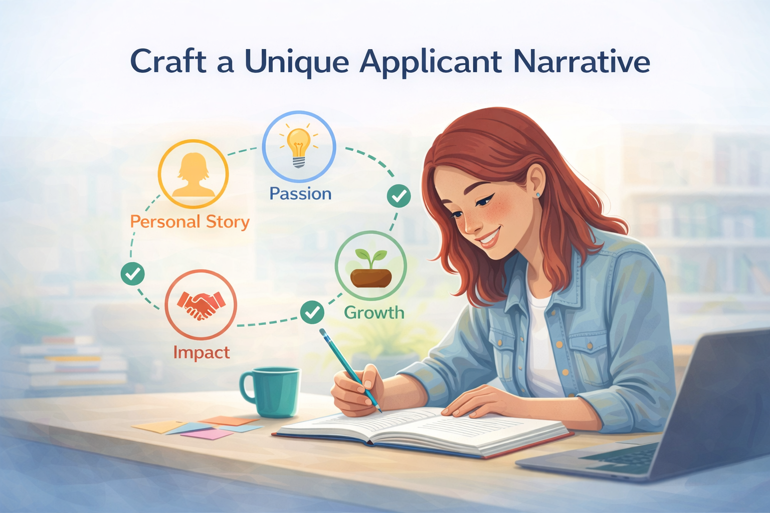 Student writing while a graphic highlights personal story, passion, growth, and impact.