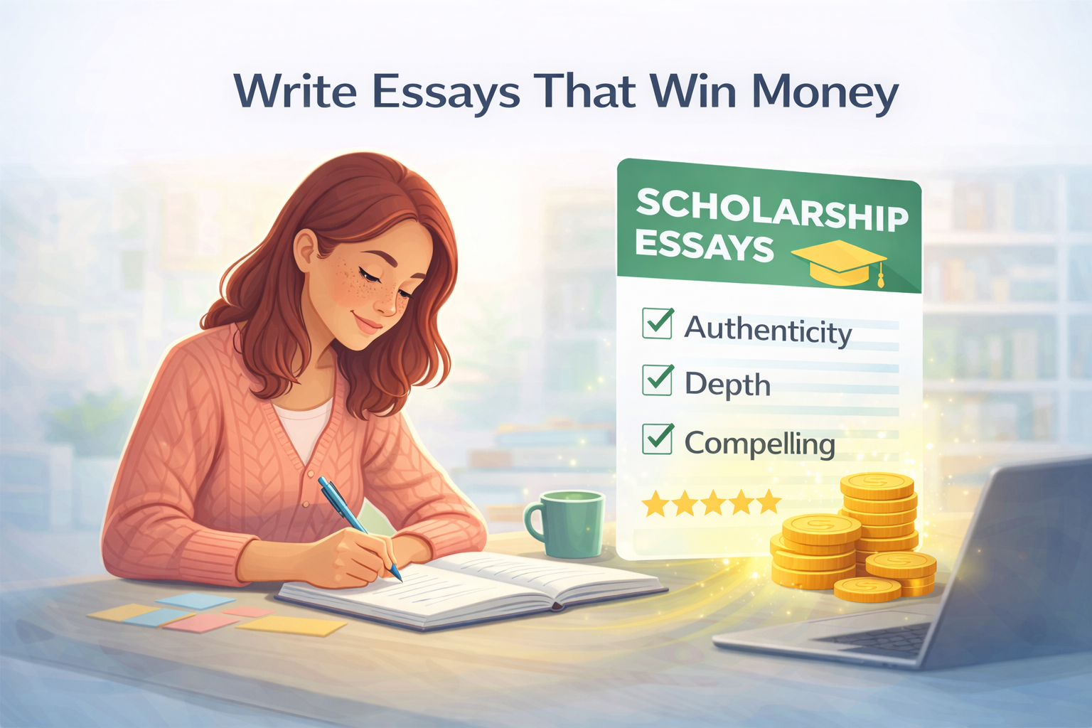 Student writing scholarship essays beside a graphic highlighting authenticity, depth, and compelling writing.