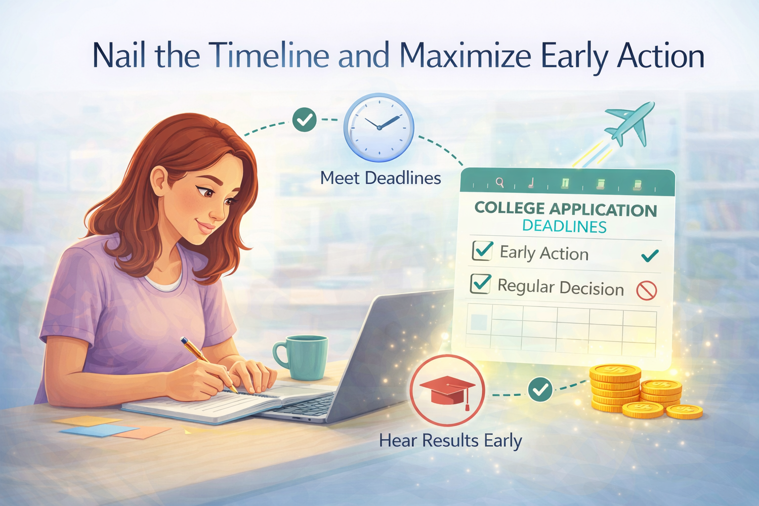 Student planning college application deadlines with a calendar showing early action and regular decision timing.