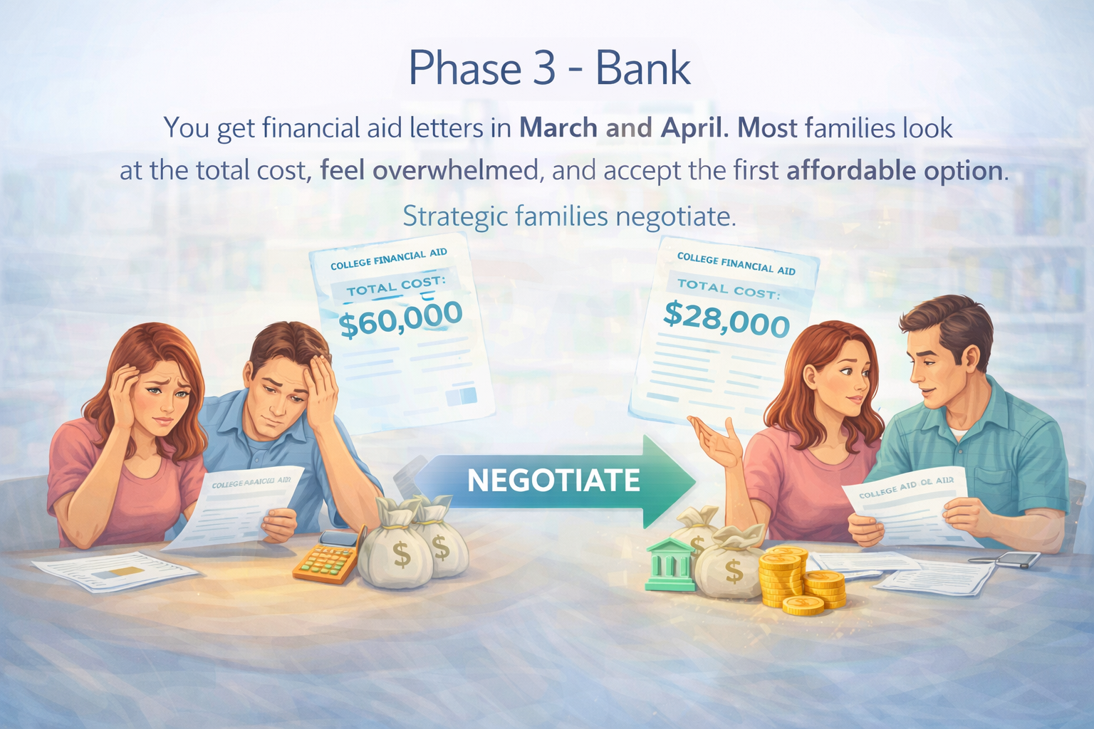 Graphic contrasting overwhelmed families reviewing financial aid offers with strategic families negotiating for a better outcome.