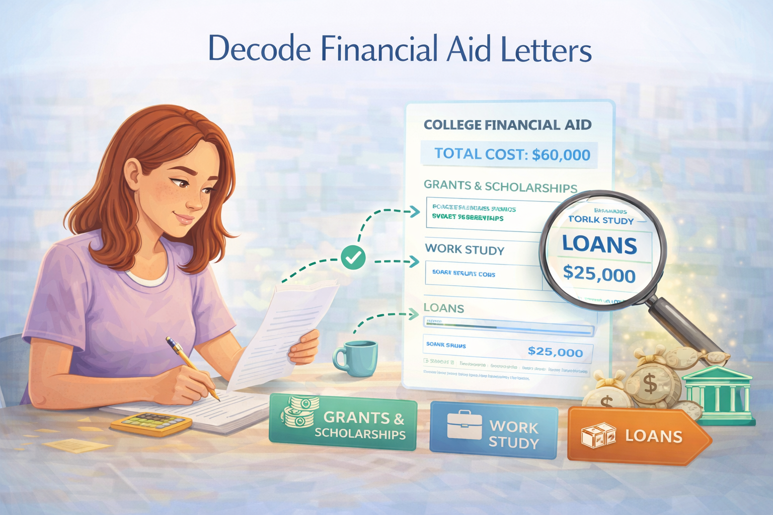 Student reviewing a financial aid letter with sections for grants and scholarships, work study, and loans.